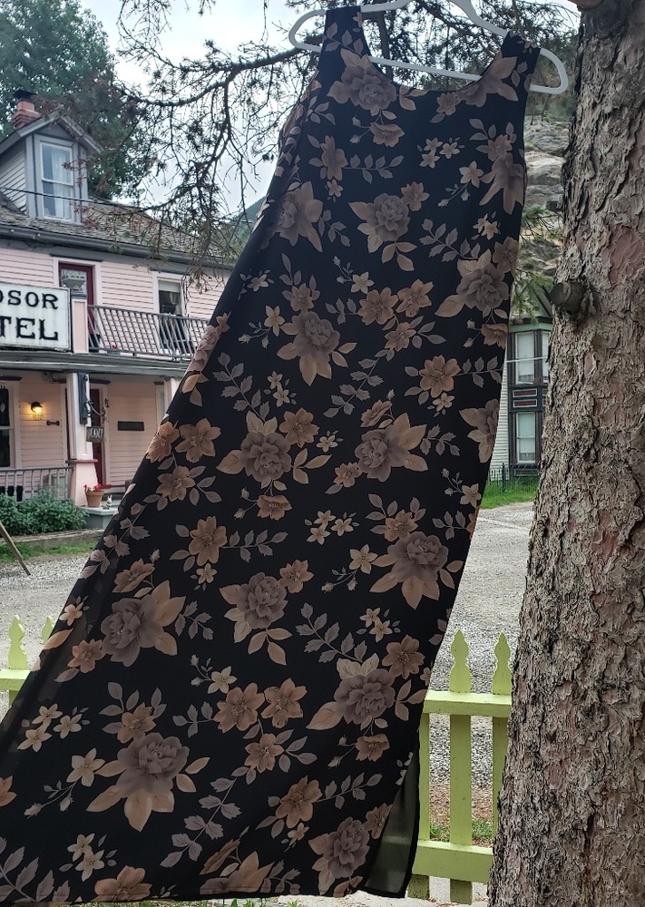 Black with beige/tan floral dress by Karen Scott.